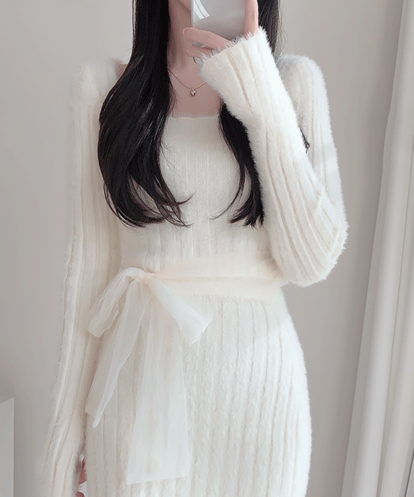ssomedays-[set]엔젤 뒷리본 니트+트임스커트 2color - 썸데이즈♡韓國女裝套裝