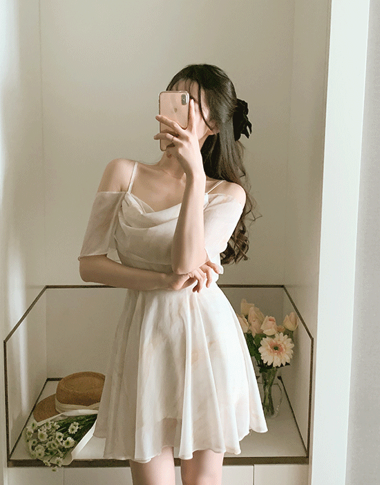 fromdayone-나은 수채화 쉬폰미니원피스(오프숄더/플레어/나시/데이트룩)♡韓國女裝連身裙