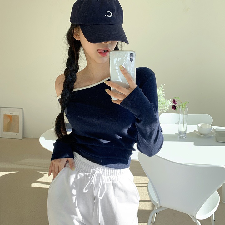 jnroh-(당일출고) 아몰 라인 배색 언발 오프숄더 티셔츠♡韓國女裝上衣