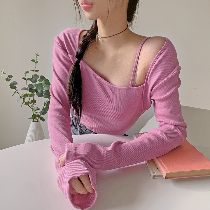 jnroh-테닐 볼레로 숄더 언발 슬릿 골지 크롭 티셔츠 (아이보리,핑크,블랙)♡韓國女裝上衣