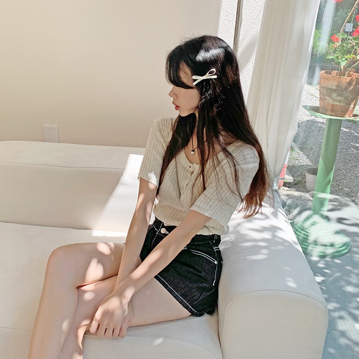 jnroh-크린 부클 헨리 버튼 골지 반팔 니트 (아이보리,카키베이지,블랙)♡韓國女裝上衣