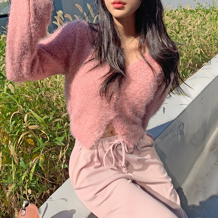 jnroh-미르 솔잎사 포슬 브이넥 버튼 니트 가디건 (크림아이,핑크,블랙)♡韓國女裝外套