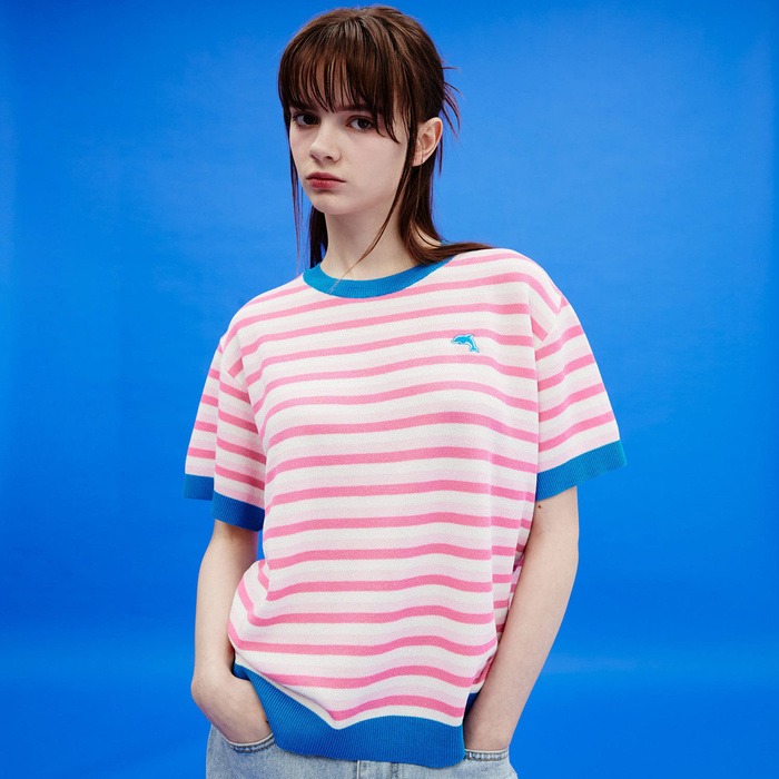 【限時優惠】Wai Kei - Dolphin Stripe Color Mix Short Sleeve Knit  | PINK 